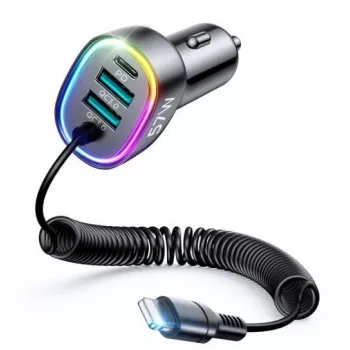 Joyroom 4-in-1 Fast Car Charger PD QC3.0 AFC FCP z kablem Lightning 1.6m 57W Czarny