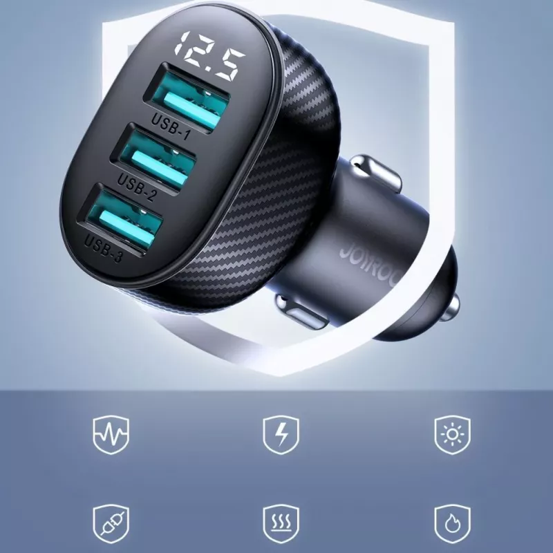 Joyroom JR-CCD03 Ładowarka samochodowa z wyświetlaczem cyfrowym, 3x USB-A, 17W, 3.4A, czarna