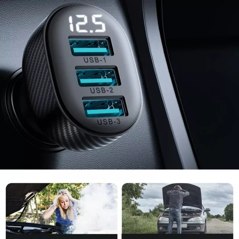 Joyroom JR-CCD03 Ładowarka samochodowa z wyświetlaczem cyfrowym, 3x USB-A, 17W, 3.4A, czarna