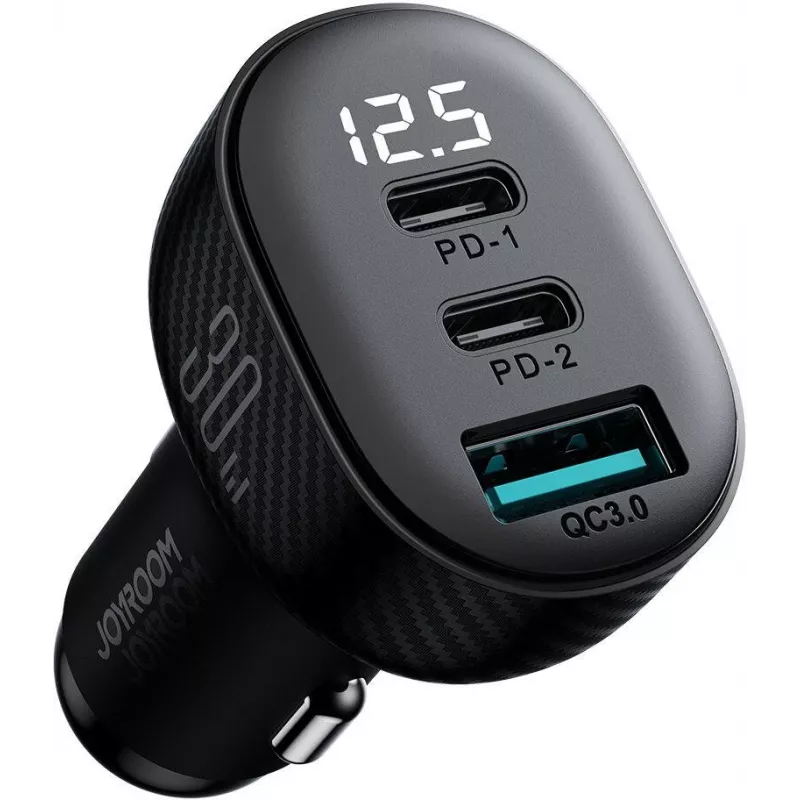 Joyroom JR-CCD04 Ładowarka samochodowa 30W 2x USB-C USB-A z wyświetlaczem cyfrowym - Czarny