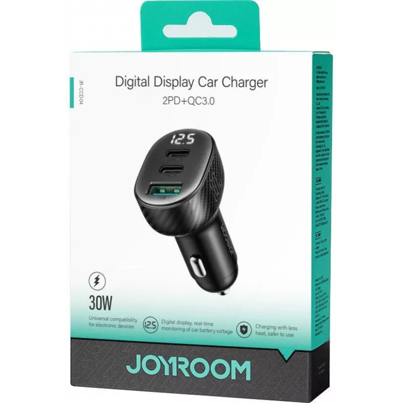 Joyroom JR-CCD04 Ładowarka samochodowa 30W 2x USB-C USB-A z wyświetlaczem cyfrowym - Czarny