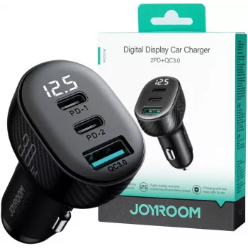Joyroom JR-CCD04 Ładowarka samochodowa 30W 2x USB-C USB-A z wyświetlaczem cyfrowym - Czarny