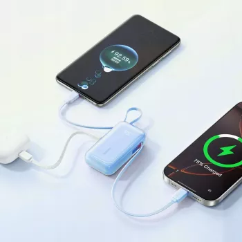 Joyroom JR-PR2L 10000mAh 35W Power Bank z Wyświetlaczem Cyfrowym, Wbudowanymi Wysuwanymi Kabelkami USB-C i Lightning (0,7m), Niebieski