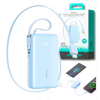 Joyroom JR-PR2L 10000mAh 35W Power Bank z Wyświetlaczem Cyfrowym, Wbudowanymi Wysuwanymi Kabelkami USB-C i Lightning (0,7m), Niebieski