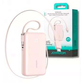 Joyroom JR-PR2L Power Bank 10000 mAh 35W z wyświetlaczem cyfrowym, wbudowanym chowanym 2x kabel Type-C z paskiem (0,7m) Różowy