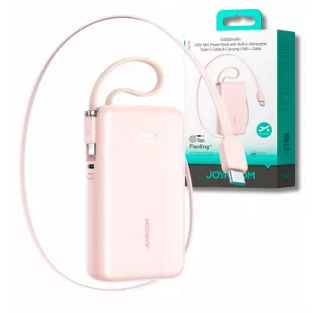 Joyroom JR-PR2L Power Bank 10000 mAh 35W z Wyświetlaczem Cyfrowym, Wbudowanymi Kabelkami USB-C i Lightning (0.7m) Różowy