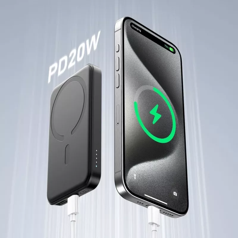 JOYROOM JR-W020 Mini Power Bank 5000mAh 20W USB-A USB-C Ładowanie Bezprzewodowe - Czarny + Kabel USB-C
