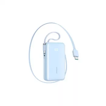 Joyroom Power Bank z wyświetlaczem cyfrowym, 10000 mAh, 35W PD, wbudowane chowane 2x kabel Type-C z paskiem (0,7m), niebieski (JR-PR2L)
