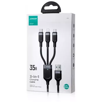JOYROOM S-1T3018A18 kabel ładujący 3-w-1 USB-A na USB-C/Micro-USB/Lightning, 30cm pleciony nylon, 3.5A, czarny