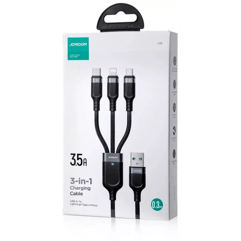 JOYROOM S-1T3018A18 kabel ładujący 3-w-1 USB-A na USB-C/Micro-USB/Lightning, 30cm pleciony nylon, 3.5A, czarny