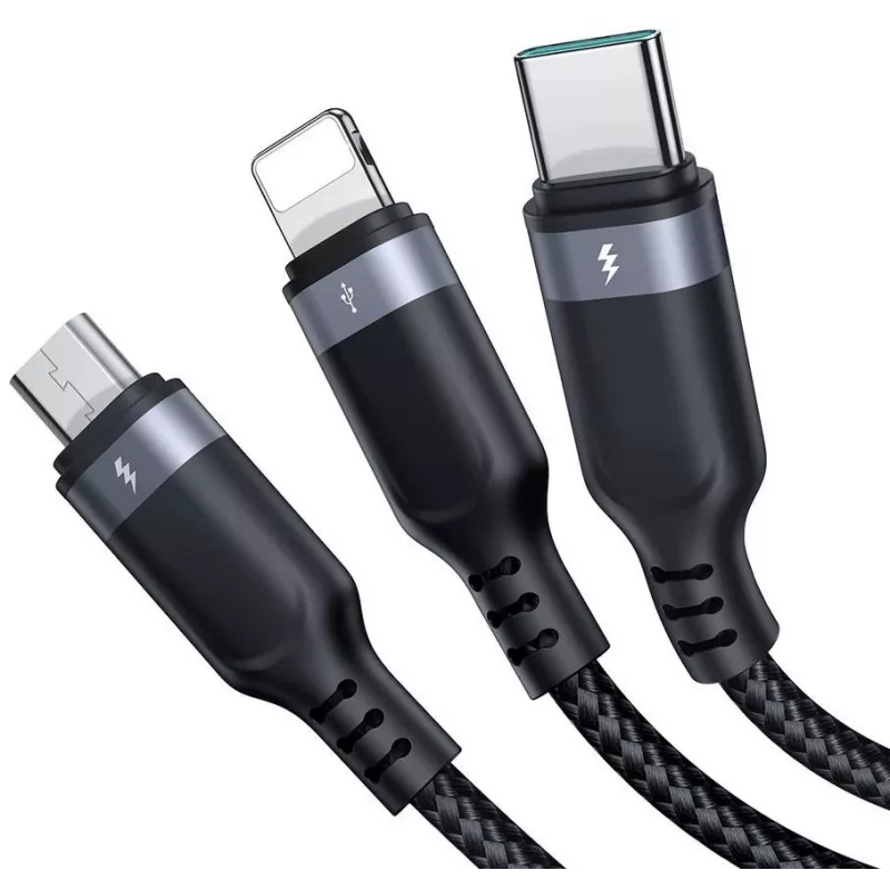 JOYROOM S-1T3018A18 kabel ładujący 3-w-1 USB-A na USB-C/Micro-USB/Lightning, 30cm pleciony nylon, 3.5A, czarny