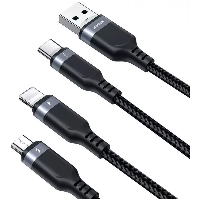 JOYROOM S-1T3018A18 kabel ładujący 3-w-1 USB-A na USB-C/Micro-USB/Lightning, 30cm pleciony nylon, 3.5A, czarny