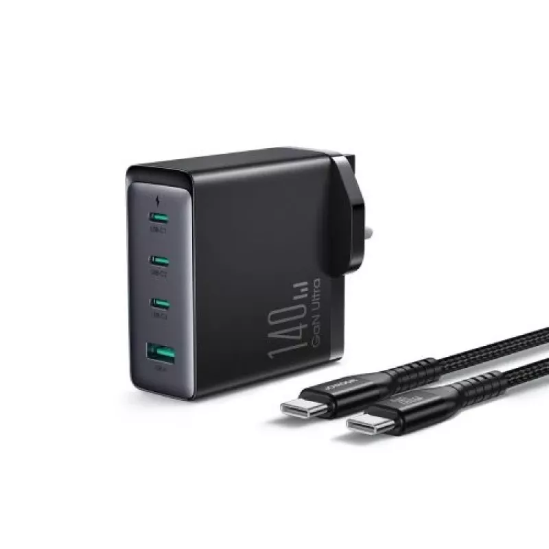 Joyroom Travel Charger GaN Fast Charger (UK) C+C+C+U, 140W, z kablem Type-C na Type-C, PD 240W (1.2m) Czarny