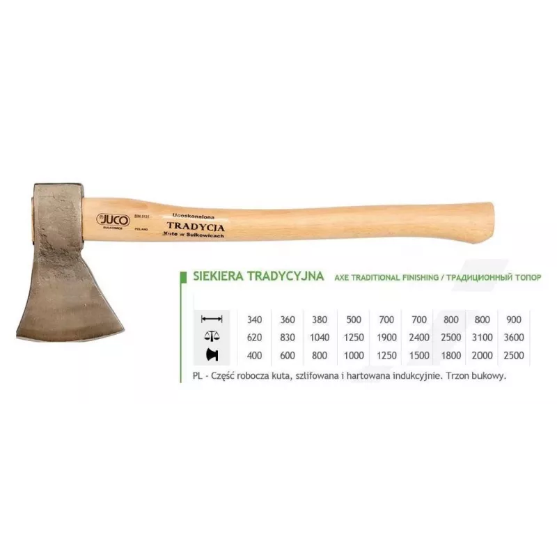 JUCO 33007 Toporek - głowica z kutej stali węglowej 600 g, drewniany trzonek 360 mm