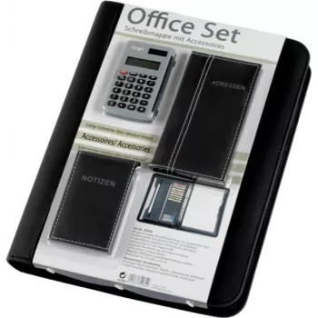 JÜSCHA Alassio Ring Binder Portfolio Office Set A4 czarny imitacja skóry z mechanizmem 4-ring, 7 przegródek na wizytówki, zamek błyskawiczny, podkładka do pisania i kalkulator 30060