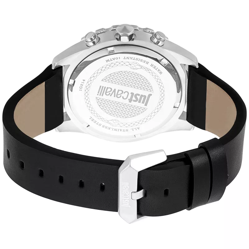 JUST CAVALLI MAN JC1G214L0015 46mm Zegarek Kwarcowy Analogowy Czarna Tarcza Czarny Pasek Skórzany