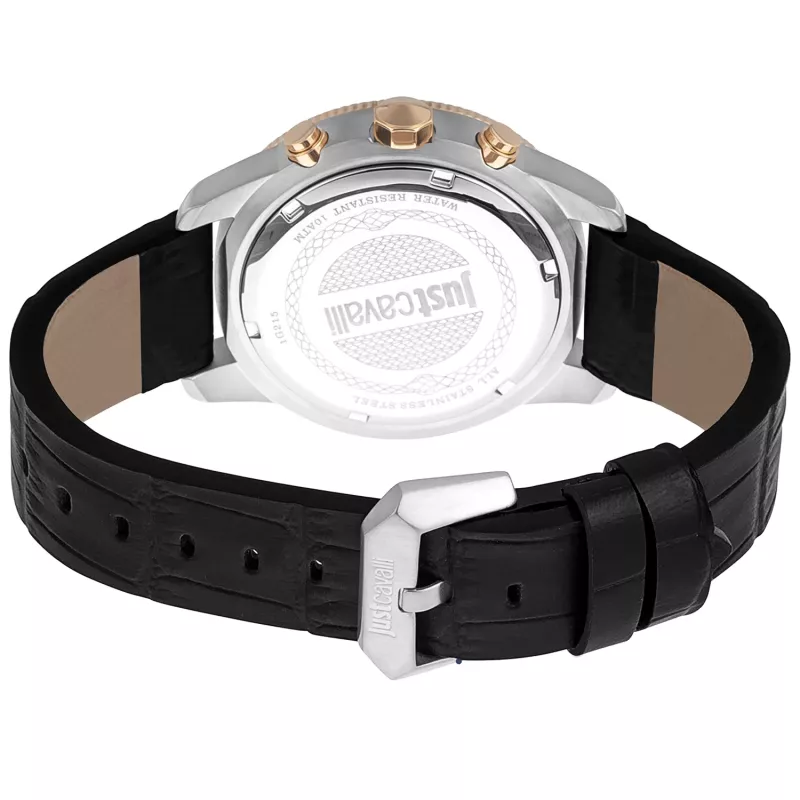 JUST CAVALLI MAN JC1G215L0035 42mm Zegarek Kwarcowy Analogowy Czarna Tarcza Czarny Pasek Skórzany