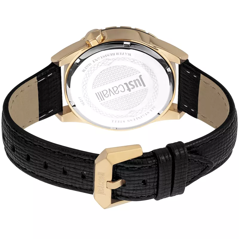 JUST CAVALLI MAN JC1G217L0035 Zegarek Kwarcowy Analogowy 42mm Czarna Tarcza Stalowa Koperta Czarny Skórzany Pasek