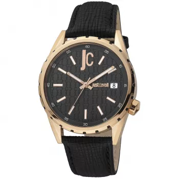 JUST CAVALLI MAN JC1G217L0035 Zegarek Kwarcowy Analogowy 42mm Czarna Tarcza Stalowa Koperta Czarny Skórzany Pasek