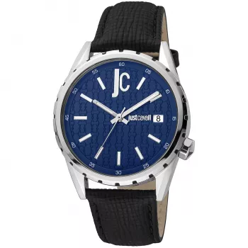 JUST CAVALLI Męski Zegarek Kwarcowy Analogowy JC1G217L0025 42mm Niebieska Tarcza Niebieski Pasek Skórzany