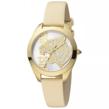 Zegarek damski JUST CAVALLI JC1L210L0015 32mm Srebrna tarcza Brązowy pasek skórzany