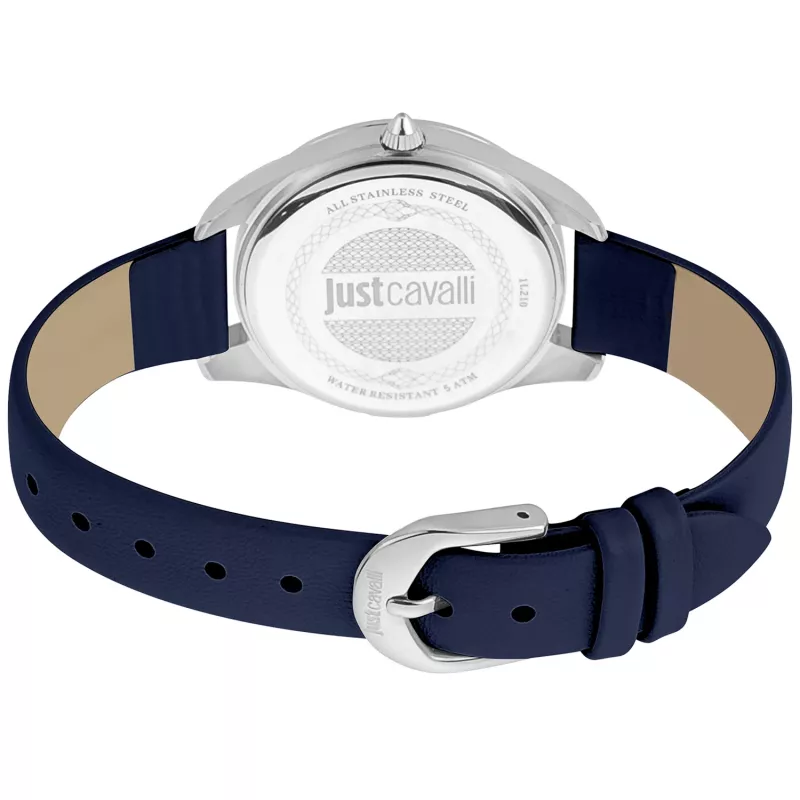 Zegarek damski JUST CAVALLI JC1L210L0115 32mm Srebrna tarcza Biały skórzany pasek