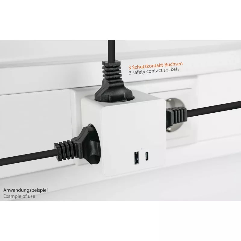 KABELMEISTER Power Strip Cube z 3 gniazdami Schutzkontakt, USB-C 20W PD 3.0 i USB-A 18W, 1.5m, Biały