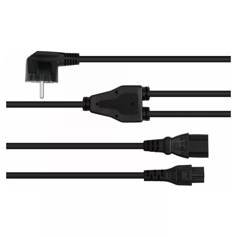 Kabelmeister Kabel rozdzielczy zasilania Schuko, wtyk kątowy 90° do C13 + C5, Czarny, 2m