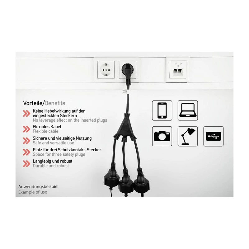 Kabelmeister SK0103-S002 rozgałęźnik zasilania Schuko 3-drożny, wtyczka kątowa 90°, kabel 0,2 m, czarny