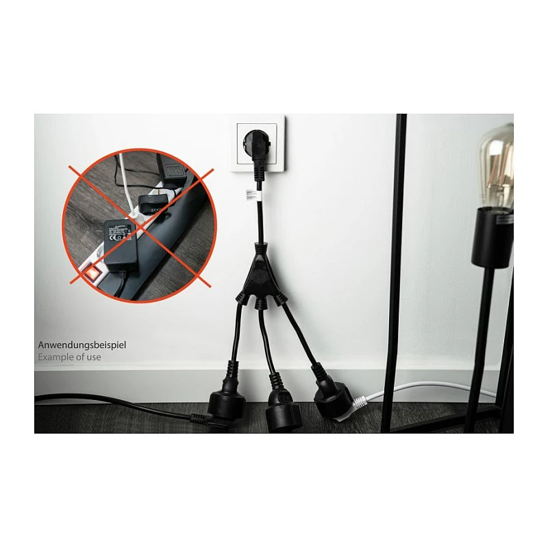 Kabelmeister SK0103-S002 rozgałęźnik zasilania Schuko 3-drożny, wtyczka kątowa 90°, kabel 0,2 m, czarny