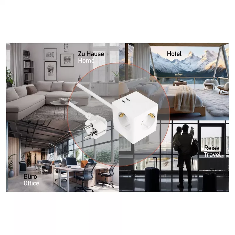 kabelmeister Socket Cube 3 Outlets with USB-C and USB-A, White, 2m