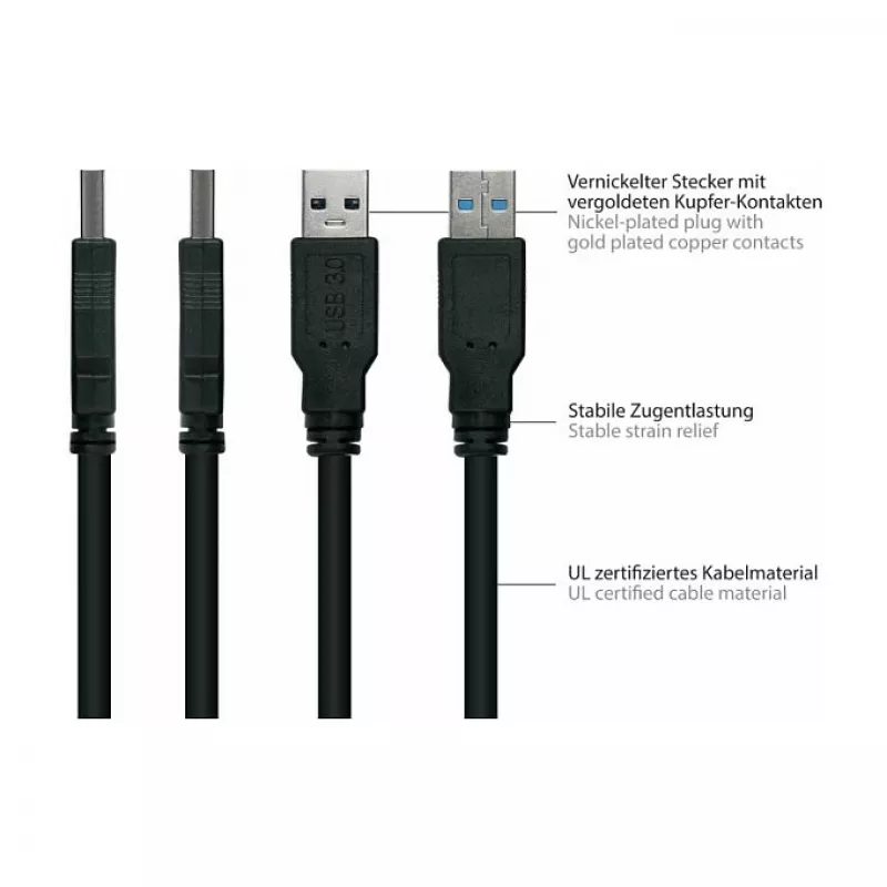 Kabelmeister USB 3.0 Przedłużacz - 3m, Czarny, Typ-A Męski na Żeński, Certyfikat UL