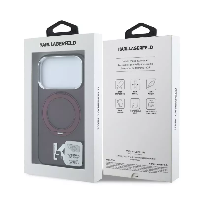 Karl Lagerfeld IML Ring Stand 360 Kameo Metal MagSafe etui do iPhone 18 Pro / 17 Pro - Burgund