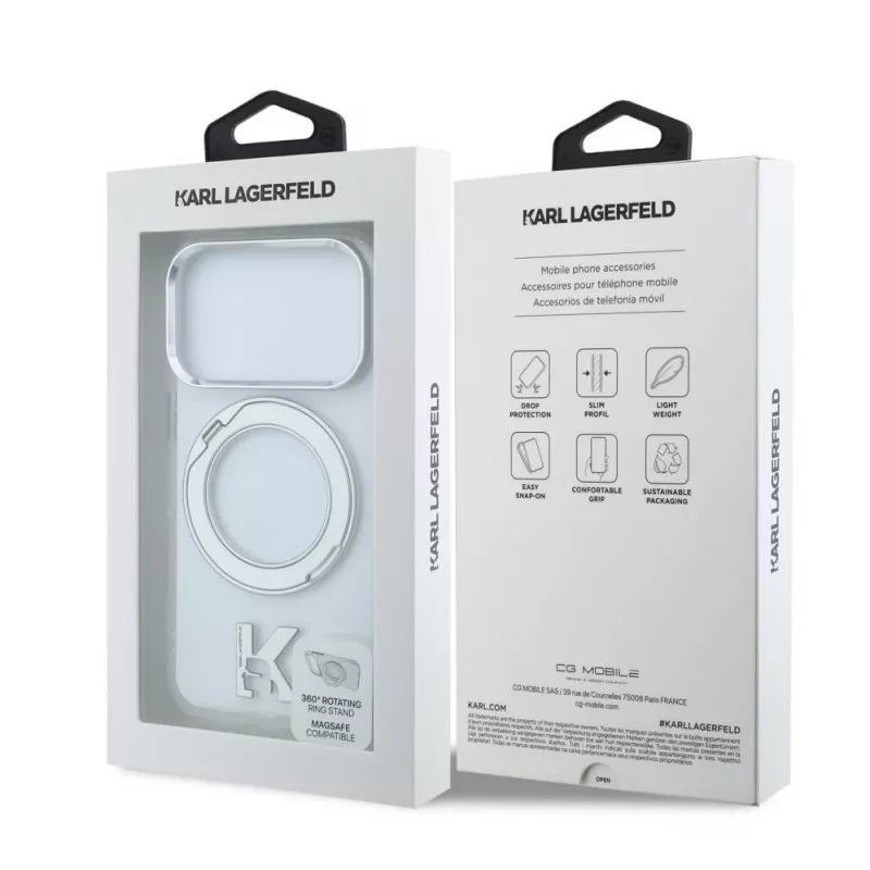 Karl Lagerfeld IML Ring Stand 360 Kameo Metal MagSafe etui do iPhone 18 Pro / 17 Pro - Przezroczyste
