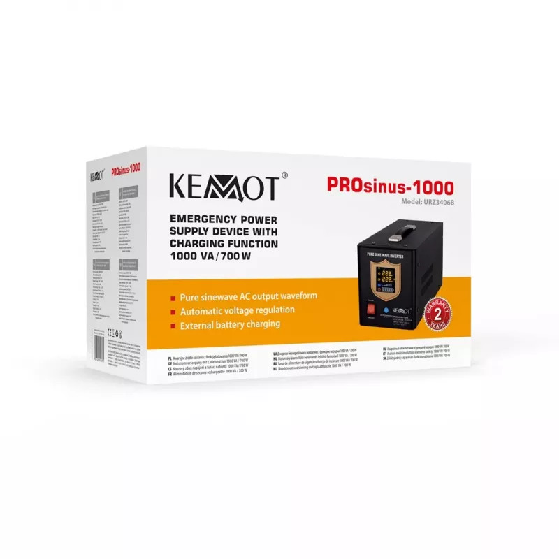 KEMOT PROsinus-1000 Zasilacz awaryjny UPS z czystym sinusem i ładowarką 12V 230V 1000VA/700W Czarny