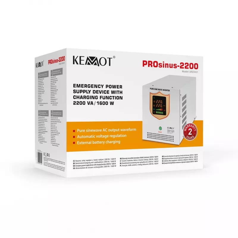 KEMOT PROsinus-2200 Falownik czysta sinusoida z funkcją ładowania 12V, 230V, 2200VA/1600W