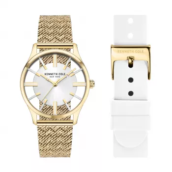 KENNETH COLE Zegarek damski kwarcowy analogowy KCWLG2124003 34,5mm Koperta ze stali nierdzewnej Biała tarcza Czarny skórzany pasek