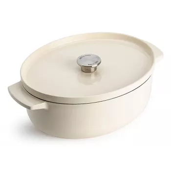 Naczynie żeliwne KitchenAid z pokrywką 30 cm, owalne, kolor Almond Cream