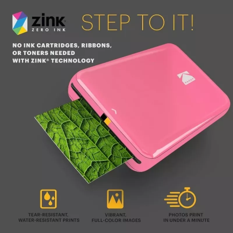 KODAK STEP Instant Mobile Photo Printer - ZINK 2x3 inch - 1 ppm - Bluetooth - Pink