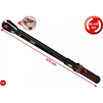 KS TOOLS 1/2 inch ERGOTORQUEprecision grzechotkowy klucz dynamometryczny, 80-420 Nm, podwójna skala, DIN EN ISO 6789-1:2017, z plastikowym etui (516.1582)