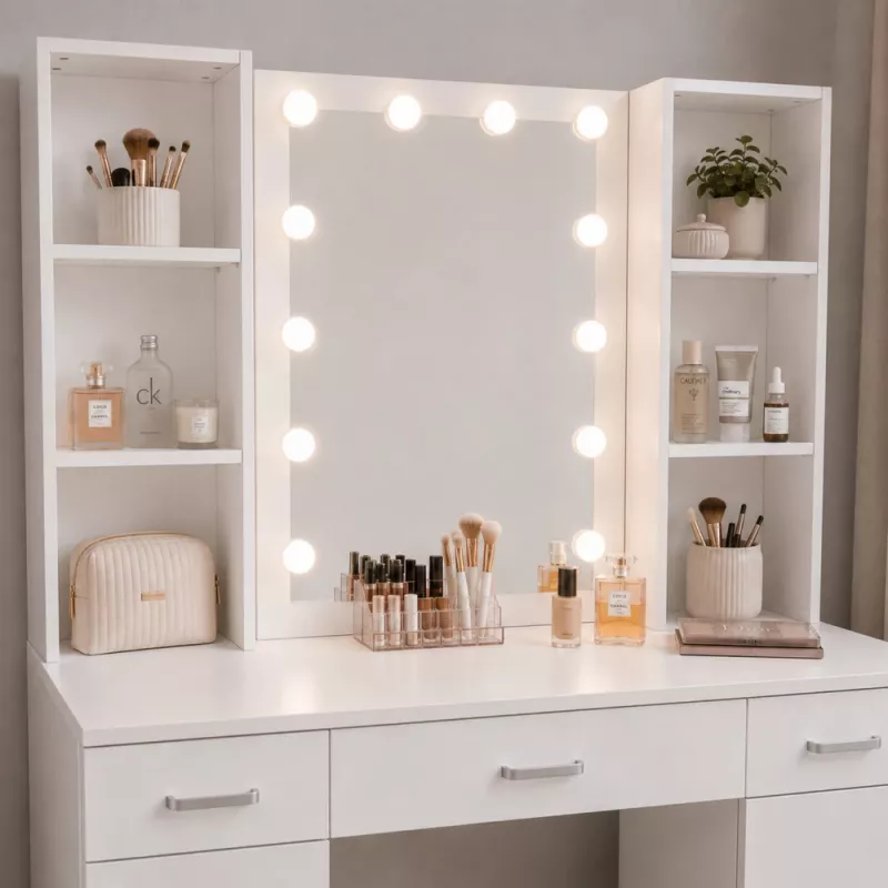 LEAN Cosmetic Dressing Table with LED Mirror, Drawers and Cabinet, White, 141x114x39 cm