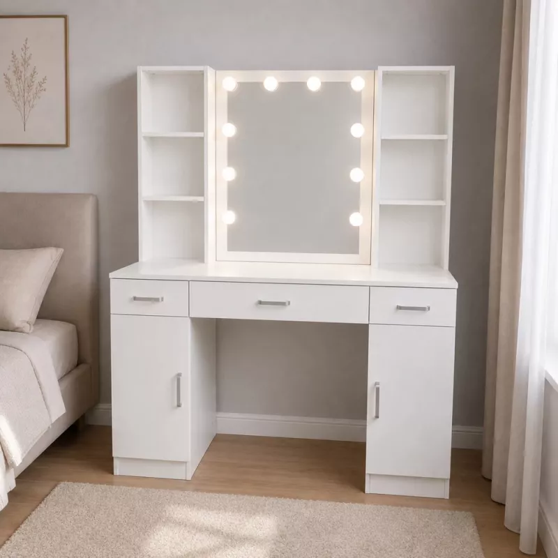 LEAN Cosmetic Dressing Table with LED Mirror, Drawers and Cabinet, White, 141x114x39 cm