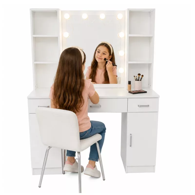 LEAN Cosmetic Dressing Table with LED Mirror, Drawers and Cabinet, White, 141x114x39 cm