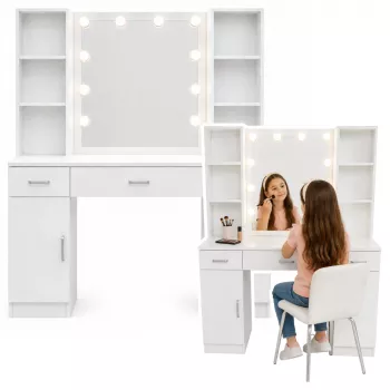 LEAN Cosmetic Dressing Table with LED Mirror, Drawers and Cabinet, White, 141x114x39 cm