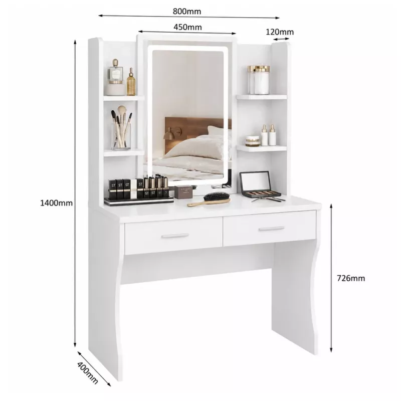 LEAN Toaletka kosmetyczna z lustrem LED, półkami i szufladami, biała 140x80x40 cm