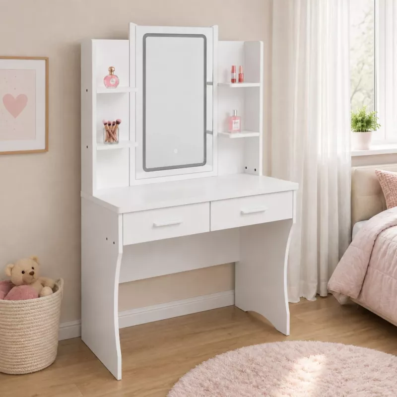 LEAN Toaletka kosmetyczna z lustrem LED, półkami i szufladami, biała 140x80x40 cm
