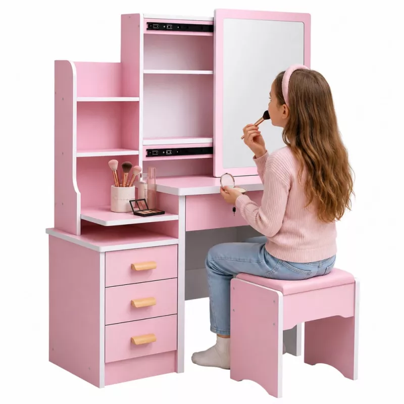 LEAN Cosmetic Dressing Table with Mirror, 4 Drawers, Shelves and Stool, Pink 130x80x36 cm