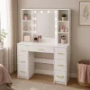 LEAN Duży toaletka z lustrem i oświetleniem LED, 7 szuflad, półki, biały, 140x100x40 cm