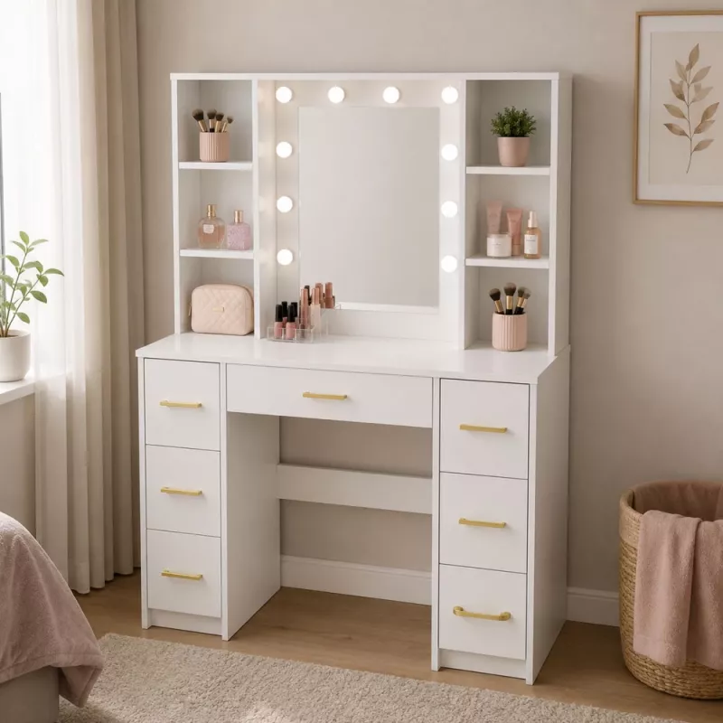 LEAN Duży toaletka z lustrem i oświetleniem LED, 7 szuflad, półki, biały, 140x100x40 cm