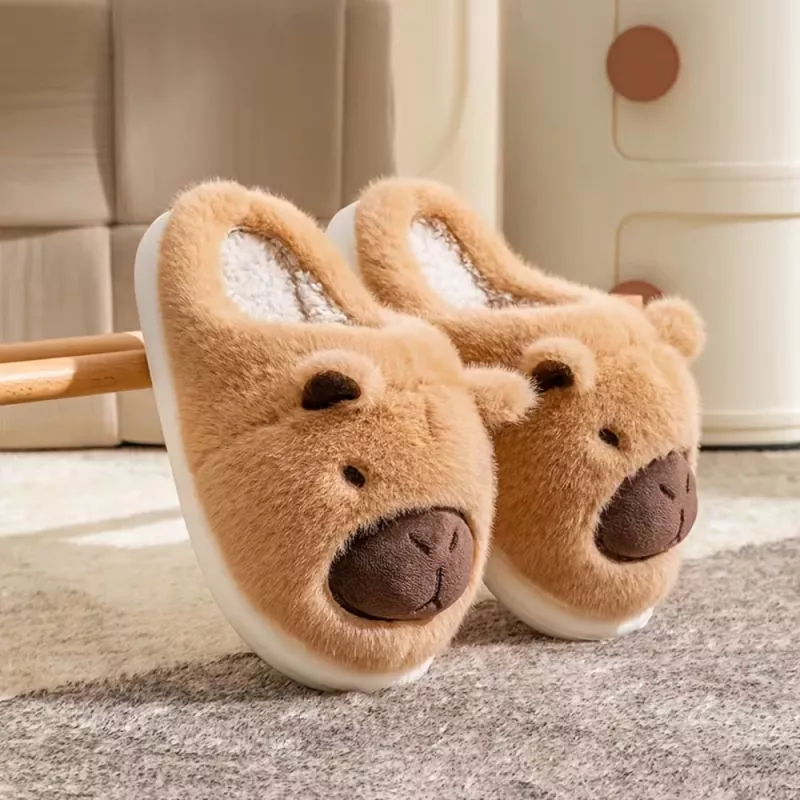 LEAN Plush Kapibara Kapcie Domowe z Uszami Ciepłe Miękkie Beżowe Rozmiar 34-35